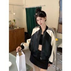 批发撞色立领pu皮夹克外套女春秋款美式复古甜酷宽松休闲棒球服小个子