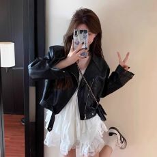 批发酷辣机车皮衣夹克女秋季新款黑色复古翻领显瘦<b class='q'>帅气</b>机车短款外套