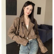 批发美拉德复古西装领pu皮衣<b class='q'>外套</b>女春秋宽松高腰短款咖色机车夹克上衣