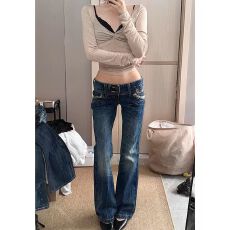 批发美式复古水洗直筒<b class='q'>牛仔裤</b>女2025年秋冬新款辣妹低腰双纽扣修身裤子