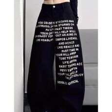 批发美式字母印花牛仔裤女2026年<b class='q'>春</b>秋季新款设计感直筒阔腿裤弯刀裤