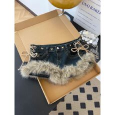 批发y2k辣妹风毛毛拼接牛仔短裤女春季修身低腰系带设计感性感热舞裤