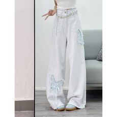 批发浅蓝色蝴蝶贴布绣阔腿牛仔裤女新款春<b class='q'>夏</b>季时尚阔腿裤可爱青春长裤