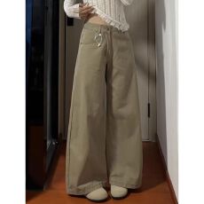 批发美式复古卡其色阔腿牛仔<b class='q'>裤</b>女春季高腰宽松显瘦休闲<b class='q'>百搭</b>直筒长<b class='q'>裤</b>