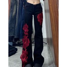 美式复古黑色微喇牛仔裤女设计感玫瑰拼接y2k辣妹修身显瘦拖地裤