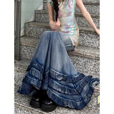批发美式辣妹设计感大摆蛋糕牛仔半身裙子女复古修身显瘦<b class='q'>拖地</b>包臀<b class='q'>长裙</b>