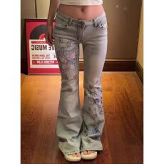 批发大码美式复古蝴蝶刺绣<b class='q'>钉珠</b><b class='q'>牛仔裤</b>女做旧中古低腰修身显瘦微喇长裤