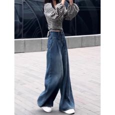 批发2026春季新款新款<b class='q'>高腰</b>垂感宽松显瘦休闲阔腿牛仔裤女蓝色直筒裤子