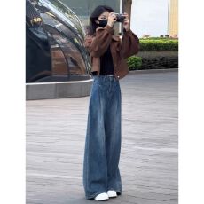批发复古阔腿牛仔裤女2026春季新款大码胖妹妹宽松显瘦百搭直筒拖地裤