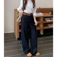 批发美式复古丹宁色阔腿裤牛仔裤女2026年春季<b class='q'>高腰</b>宽松垂感显瘦长裤