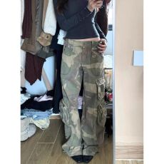 批发美式vibe复古迷彩印花工装多口袋牛仔<b class='q'>裤</b>男女高街宽松显瘦阔腿长<b class='q'>裤</b>