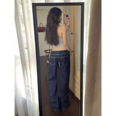 批发美式复古直筒微喇低腰<b class='q'>牛仔裤</b><b class='q'>女</b>2026春秋新款宽松不贴腿休闲裤子