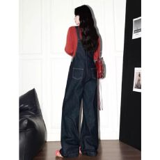 批发美式复古深蓝色牛仔背带裤女春秋新款超火宽松休闲减龄连体阔腿裤