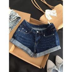 批发深蓝色<b class='q'>烫钻</b>卷边牛仔超短裤女夏季新款弹力低腰性感a字包臀热裤子