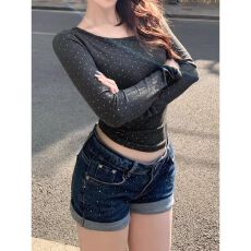 批发<b class='q'>烫钻</b>低腰卷边牛仔短裤女小个子2026新款夏季美式辣妹紧身包臀热裤