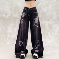 批发闪亮<b class='q'>烫钻</b>装饰休闲<b class='q'>牛仔裤</b>女秋冬款高腰宽松显瘦百搭直筒阔腿拖地裤