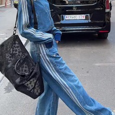 批发美式复古条纹拼接<b class='q'>牛仔</b>套装女春秋新款显瘦阔腿裤短款外套两件套潮