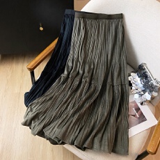 批发实拍现货丝绒百褶半身裙女秋冬新款显瘦百搭遮胯中长款大摆裙子女