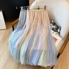 批发实拍渐变网纱拼接蓬蓬半身裙女2026春新款高腰中长款a字百搭纱裙