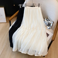 批发实拍两面穿钉珠网纱半身裙女夏季百褶裙<b class='q'>中长款</b>大摆a字垂感纱裙子