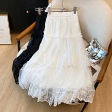 批发实拍法式仙女<b class='q'>气质</b>蕾丝拼接半身裙女夏季高腰A字宽松层层蛋糕裙女