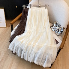 批发实拍法式超仙压褶网纱百褶裙女2026春夏新款高腰A字垂感半身裙女