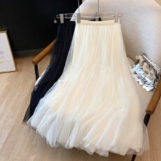 批发实拍杏色<b class='q'>网纱</b>半身裙女春夏新款高腰a字大摆<b class='q'>长裙</b>韩系氛围感蓬蓬裙