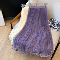 批发实拍高级感紫色百褶半身裙女2026新款超仙纱裙<b class='q'>宽松</b>大摆显瘦蛋糕裙