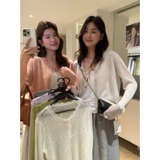 批发【柠檬绿茶】圆领花边<b class='q'>镂空</b>薄款防晒竹节麻针织开衫(不含内搭)