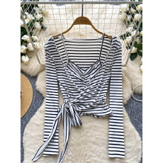 批发纯欲辣妹拼接假两件长袖<b class='q'>T</b><b class='q'>恤</b>女2025秋设计感交叉绑带收腰条纹上衣