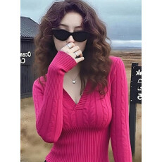 批发原版<b class='q'>北极</b><b class='q'>绒</b>秋冬纯欲毛衣针织打底衫女设计感独特玫红色v领上衣