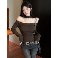 批发原版质量挂脖露肩美式针织衫T恤性感套头百搭修身显瘦长袖上衣