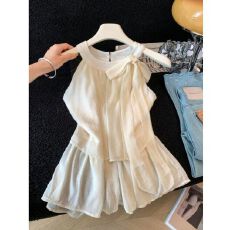 批发杏色蝴蝶结挂脖背心<b class='q'>衬衫</b>女装夏季肌理感纹路层层荷叶边<b class='q'>雪纺</b><b class='q'>上衣</b>