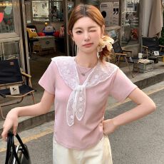 批发甜美气质<b class='q'>蕾丝</b><b class='q'>披肩</b>短袖T恤女2026夏季新款小众设计感收腰显瘦上衣