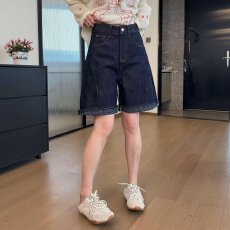 批发五分牛仔短裤女2025年夏季新款松紧高腰薄款a字显瘦阔腿裤