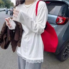 批发加大码300斤洋气<b class='q'>蕾丝</b>拼接胖MM中长款遮臀显瘦纯色简约长袖上衣女