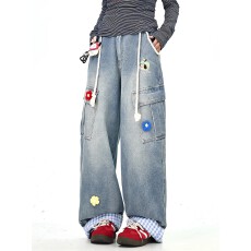 批发嘻哈美式复古拼接格纹小花刺绣<b class='q'>牛仔裤</b>男女秋季潮牌宽松直筒长裤