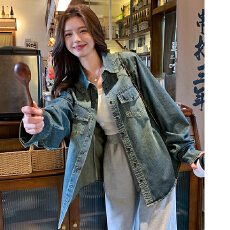 批发复古港味牛仔衬衫女春秋季中长款上衣韩版宽松小个子大码衬衣外套