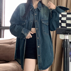 批发大码韩版复古做旧牛仔外套女2025春秋新款设计感小众宽松衬衫胖mm