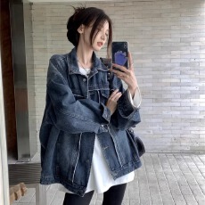 批发大码韩版复古做旧牛仔外套女2025春秋新款设计感小众宽松衬衫胖mm