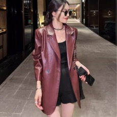 批发安哥拉红炸街港风复古pu皮<b class='q'>西装</b>上衣秋冬新款高级感宽松皮衣外套女