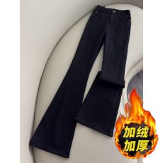 批发美式黑色高腰<b class='q'>弹力</b>百搭气质微喇叭<b class='q'>牛仔裤</b>女秋冬季新款加绒马蹄长裤