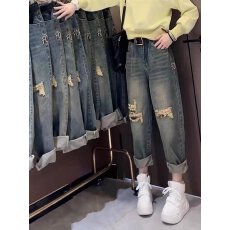 批发<b class='q'>欧洲站</b>2025春秋新款复古高腰破洞宽松老爹裤字母刺绣哈伦<b class='q'>牛仔裤</b>女