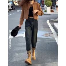 批发复大码高腰<b class='q'>哈伦</b>牛仔裤女2025春季新款设计感刺绣口袋老爹裤潮