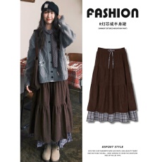 批发<b class='q'>大码</b>日系格子咖色灯芯绒半身裙女秋冬加厚双层拼接格纹中长蛋糕裙