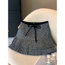 批发灰色系爱心波点毛呢半身裙女<b class='q'>大码</b>秋冬高腰蝴蝶结百褶裙a字短裙