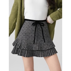 批发<b class='q'>大码</b>灰色波点针织毛呢半身裙女小个子高腰系百褶蓬蓬a字短裙冬