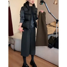 批发八分裤高腰阔腿直筒宽松<b class='q'>七分</b>裤微胖mm黑灰色毛呢西装裤女秋冬加厚