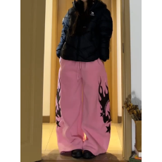 批发美式辣妹粉色火焰印花阔腿卫裤女秋冬新款宽松显瘦抽绳休闲直筒裤