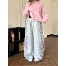 批发DS美式字母印花豹纹休闲裤男女宽松直筒阔腿运动慵懒拖地长裤